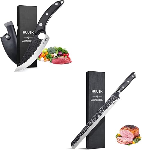 Huusk Paquete de cuchillos de chef negros con cuchillos de cocina japoneses largos para cortar carnes, costillas, asados, frutas, barbacoa, idea de