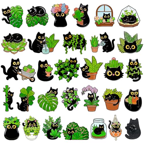 Landical 30/60 Pcs Enamel Pins Bulk Plant Flower Animal Lapel Pins Brooch Jewelry Gift for Backpack Clothes Hats Accessories(30 Pcs,Black Cat)