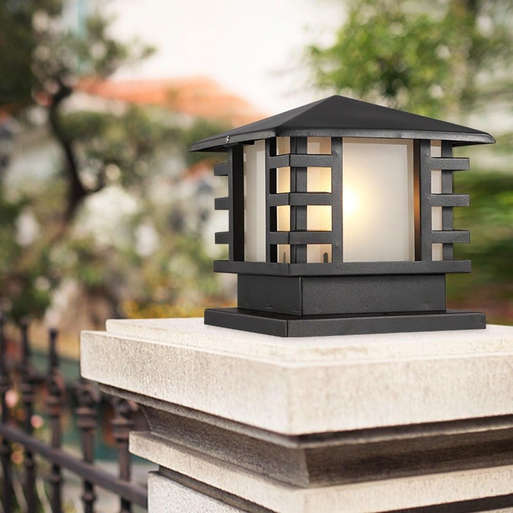 Modeen Continental Victoria Outdoor Glass Table Lamp Creative Modern Industry Black E27 Decoration Column Lamp Post Light Street Light Aluminum Patio Garden Villa Door Pillar Table Light
