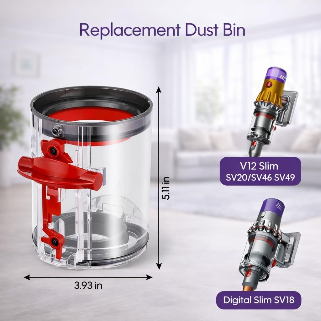 Dust Bin Replacement for Dyson V12 Detect Slim & V10 Digital Slim SV18 SV20 SV30 SV46 SV49, Vacuum Canister Bin Part 965272-01, with HEPA Filter