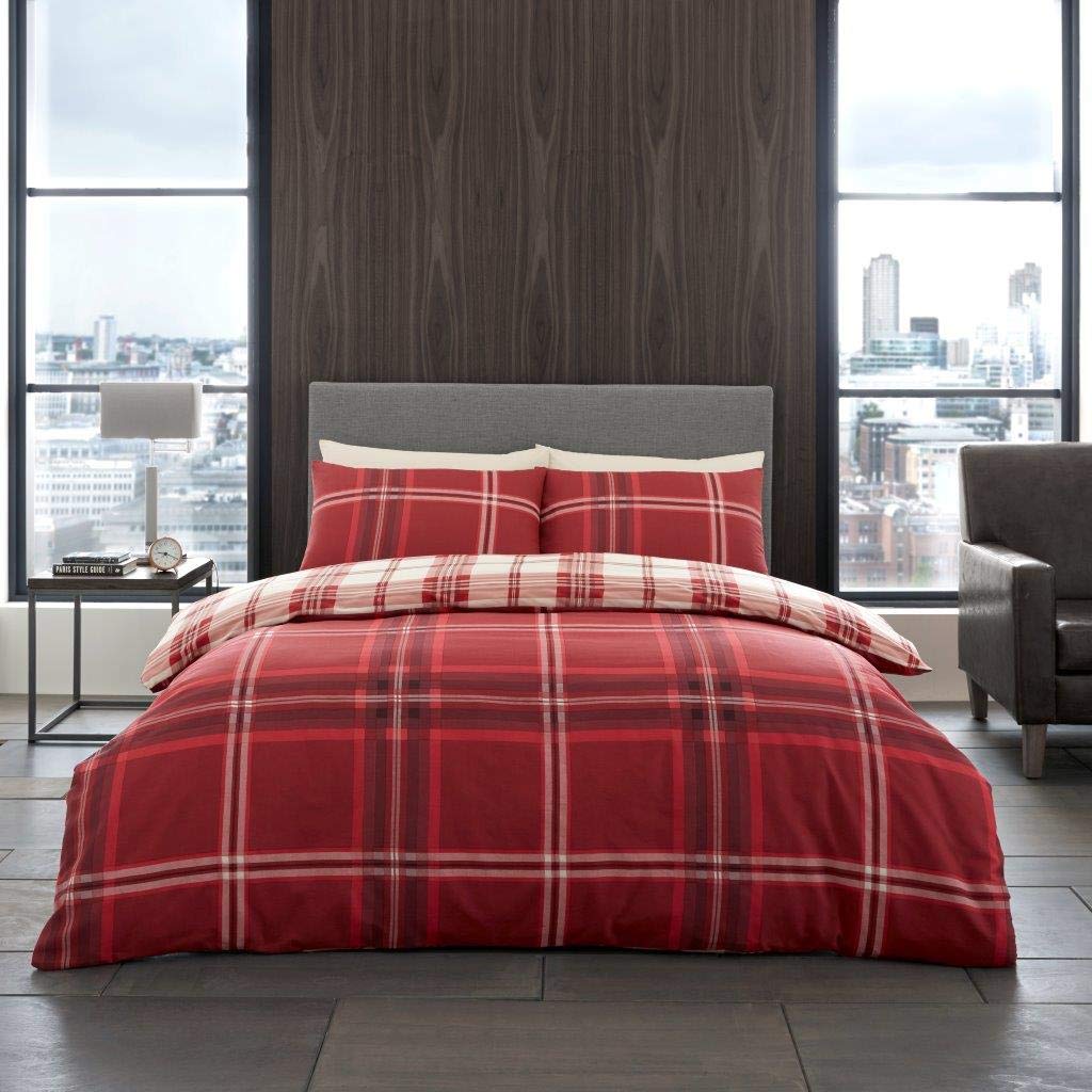 Gaveno Cavailia Bardsley Check Luxurious Bed Set with Duvet Cover and Pillow Cases, Polyester-Cotton, King - Red
