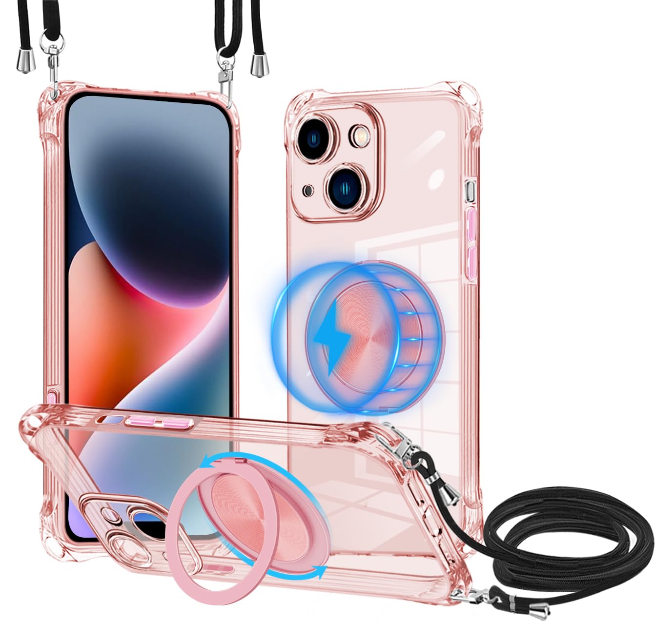 対応 iPhone 14Plus ケース MagSafe クリア 360°回転スタンド リング付き 耐衝撃 TPU 薄型 縦横両対応 肩掛け 斜めがけ