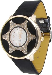 Qtqgoitem Woman Black Faux Leather Band Rhinestoone Inlaid Gold Tone Metal Watch (Model: 324 c2c cd6 2e2 d1a)