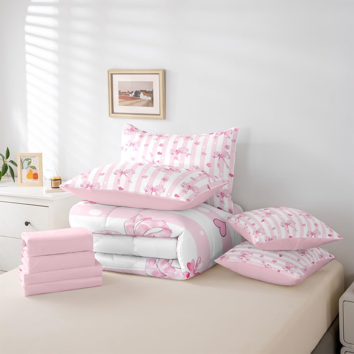 Erosebridal Pink Bowknot Twin Bed in A Bag for Girls, Trendy Pink Bow Princess 7 Pcs Bedding Set, Coquette Preppy Bows Comforter Set with Sheets for Teen Girls Kids, Kawaii Geometric Stripes Bed Sets