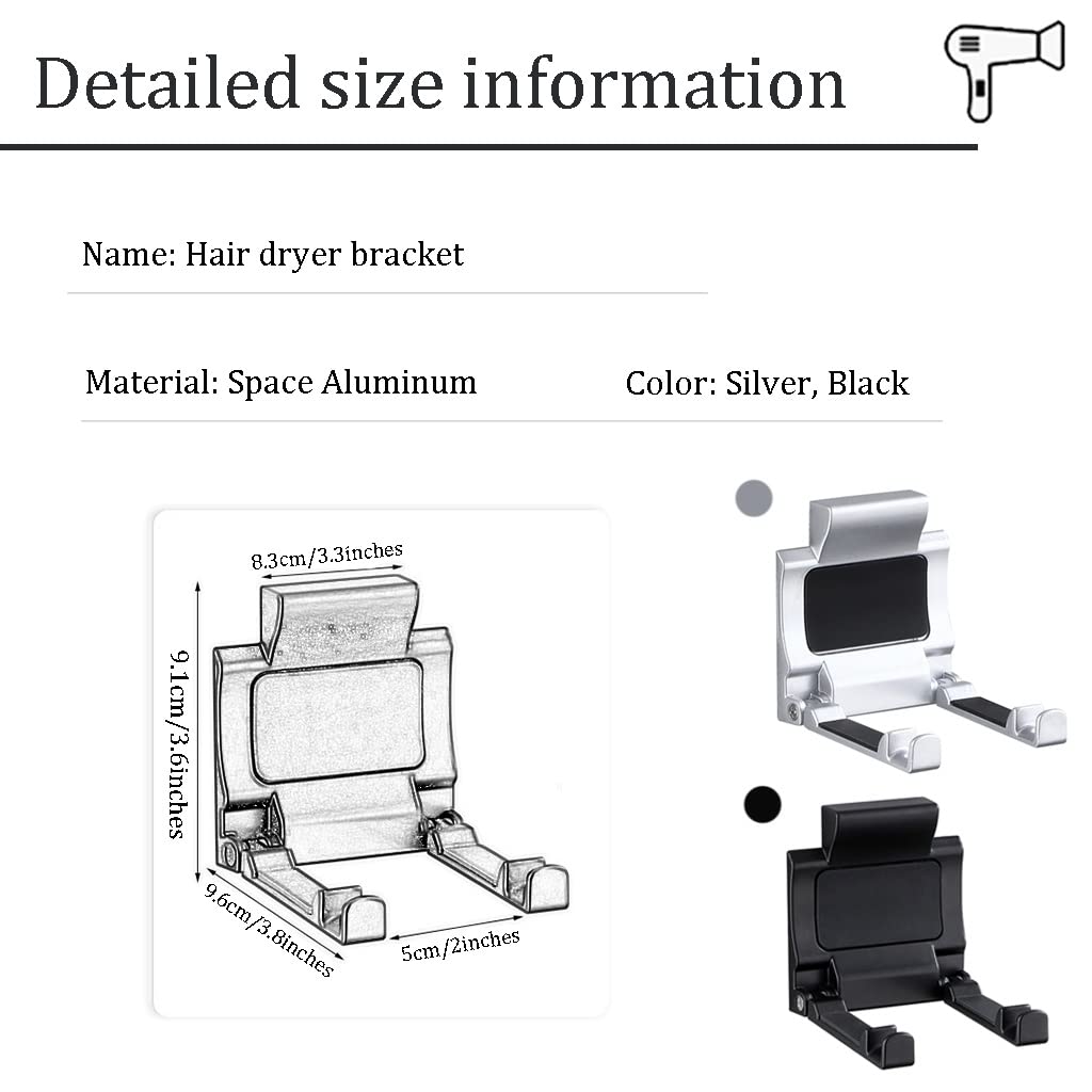 Wandhalterung Haartrockner Halterung Platzsparend Um 90° Klappbar Fönhalter，Space Aluminium Matt rutschfest Föhn Ständer，Starke Haftung (Color : Black*2, S : 3.6 * 3.8inches)