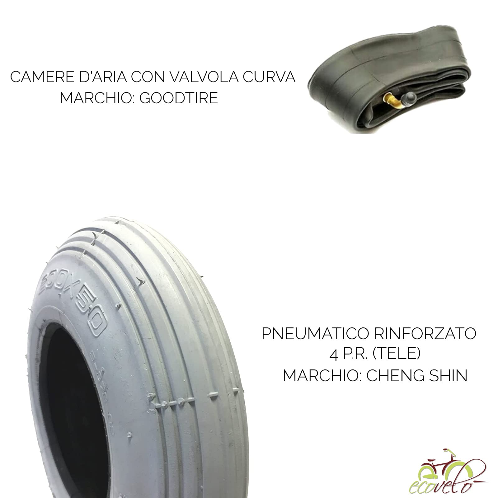 ECOVELO COPERTONE 200 x 50 (50-94) + Camera Pneumatico Rinforzato X Carrozzina Sedia A ROTELLE DEAMBULATORE Passeggino