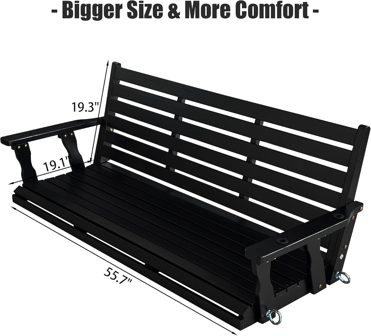 Wooden Porch Swing, Ergonomic Seat, Bench Swing with Hanging Chains and 7mm Springs, Heavy Duty 800 LBS, for Outdoor Patio Garden Yard (Carbon Black, 3-Seater Extra Large)