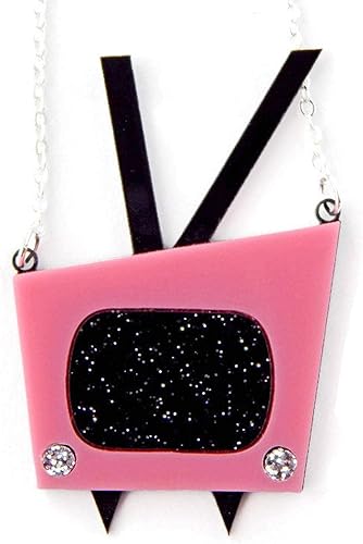 Retro 50s Pink TV Necklace, Vintage Style Mid Century Modern Jewelry, 60s Style Television Necklace