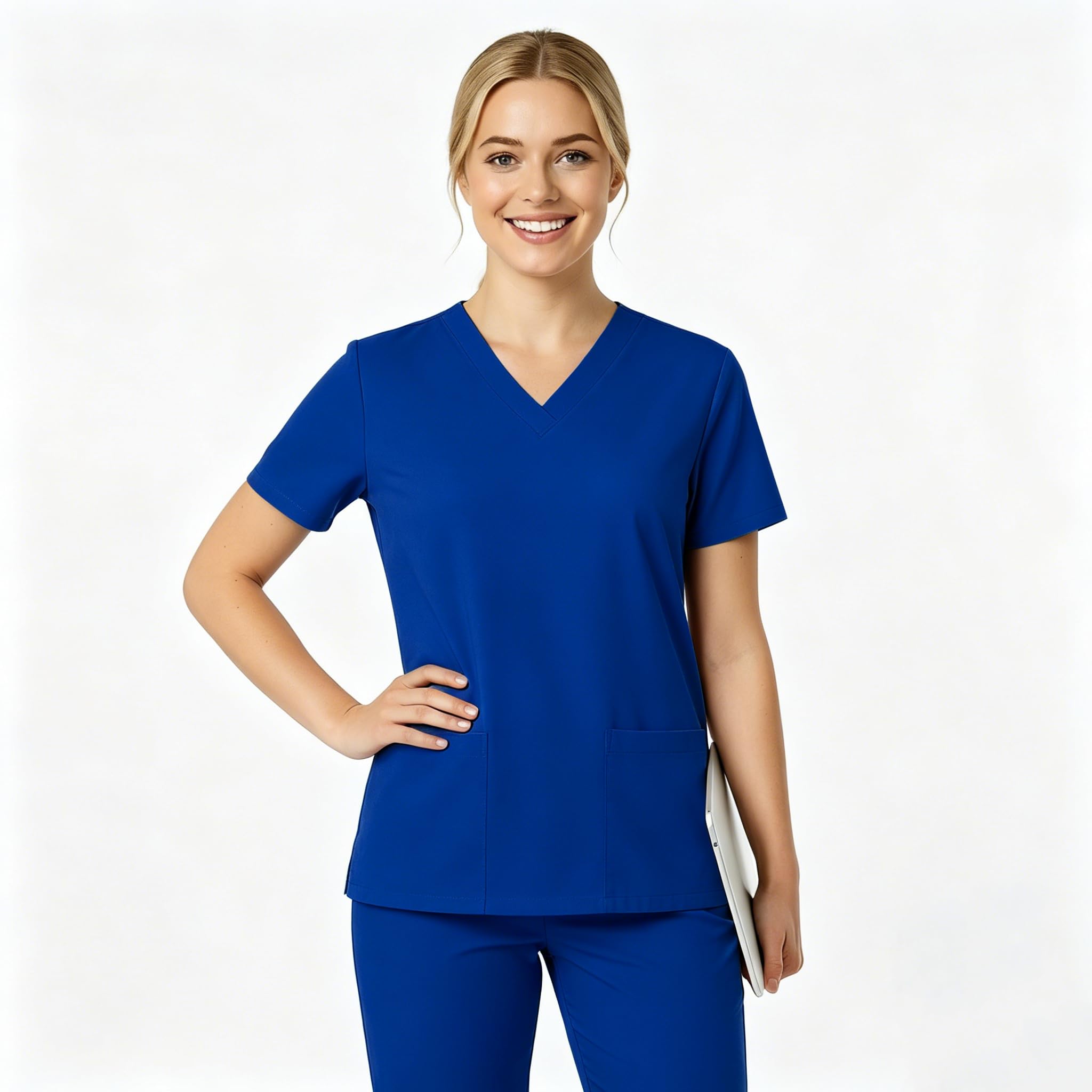 Uniformes médicos para mujer cuello en V manga corta 2 bolsillos Q-DK56