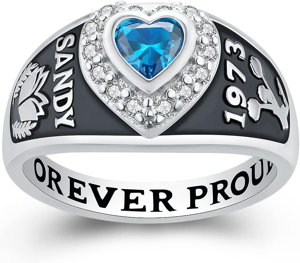 JNJ Women's Class Ring, personalized for high school and college graduates, Sterling Silver, Heart birthstone with 2 customized vectors, Classic collection-Jour Nouveau Jewelry