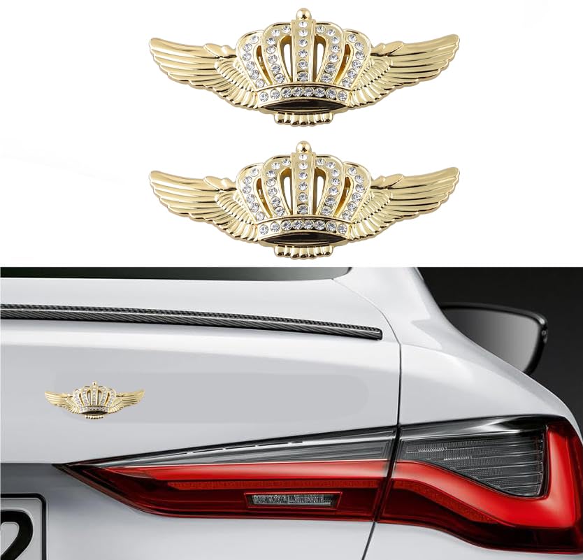 Image of Wing Crown Emblems,Crystal Diamond Crown Car Stickers Decals Decoration for Car SUV Window Laptops Luggage (Gold)