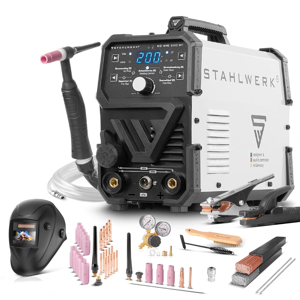 STAHLWERK Soldadora combinada 2 en 1 DC TIG 200 ST | Equipo completo, hasta 200 A, MMA/ARC, encendido HF, Hotstart, Anti-Stick, acero inoxidable, cobre y latón, sin aluminio