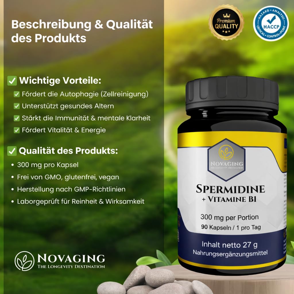 Spermidin 6 mg + Vitamin B1 – 90 Kapseln 100% vegan | 3 Monate – Präzise dosiert. Maximale Bioverfügbarkeit. Getestet auf Gentechnik und Allergene. Made in Europe. Novaging©
