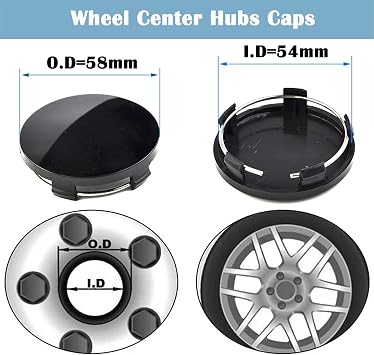 Car Wheel Center Caps Cover Kit Outer 58mm 2.28 inches Inner 54mm 2.12 inches Wheel Center Cover Caps Decor Kit Snap-in for Cars Rims Plastic Center Hub Cover Caps, 4Pack Black