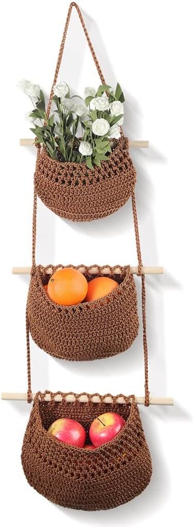 Over The Door Woven Wall Hanging Organizer: 3-Tier Fruit Basket