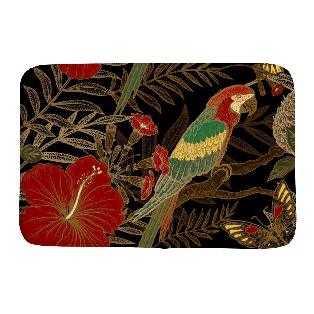 Alfombra de baño Ruchen para plantas exóticas, pájaros, loros, flores rojas, negro, alfombra de baño pequeña alfombra antideslizante, Terciopelo coral, 40×60cm