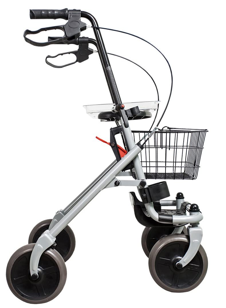 Ausilium Rollator Basic Pieghevole in Acciaio a 4 Ruote Ø 20 cm, Ruote Anteriori Piroettanti, Freno a Leva, Seduta, Cestino e Vassoio Inclusi, Portata 120 kg, Altezza Regolabile