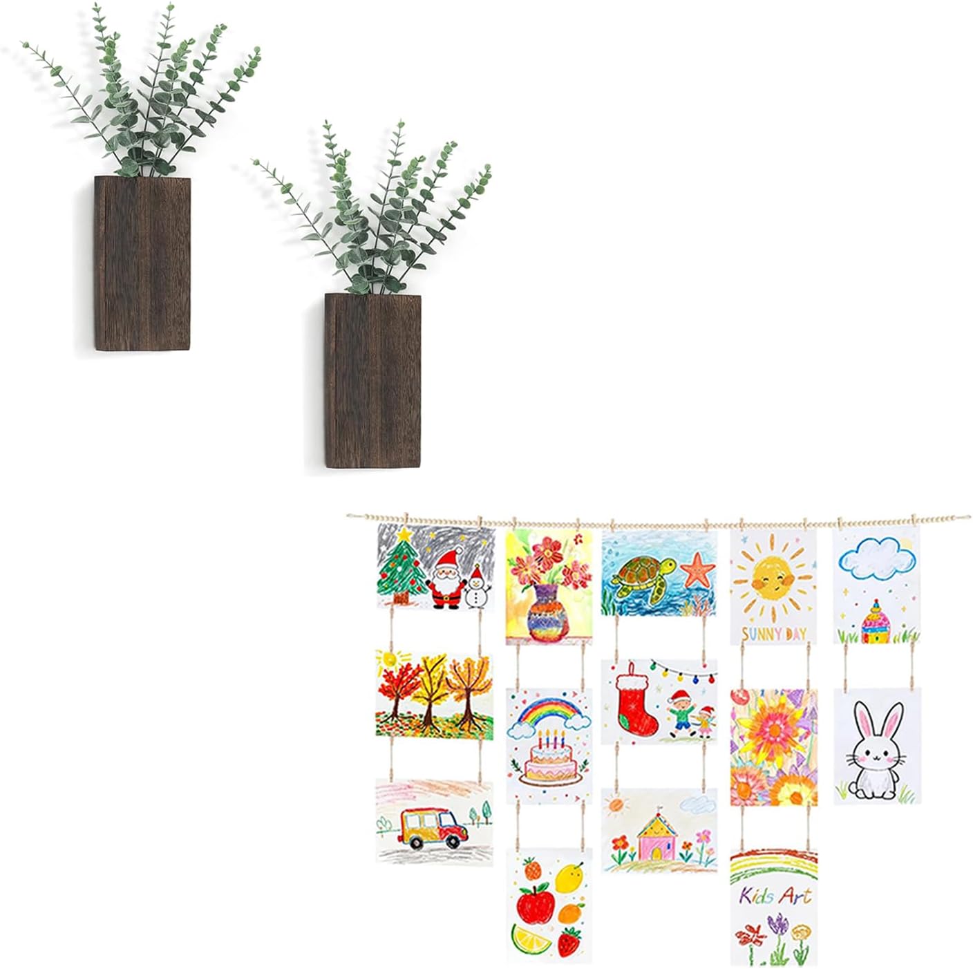 Dahey 2 Pack Wood Wall Planter Vase with Artificial Eucalyptus and Art Display for Kids Artwork Wall Hanging Decor for Living Room Bedroom Kitchen Home Office Homeschool Decoration