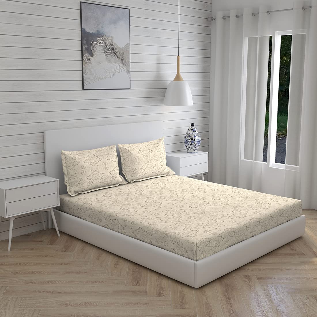 BOUTIQUE LIVING Chalk Hills Cotton 300 TC King Sized Double Bedsheet Set (Beige)