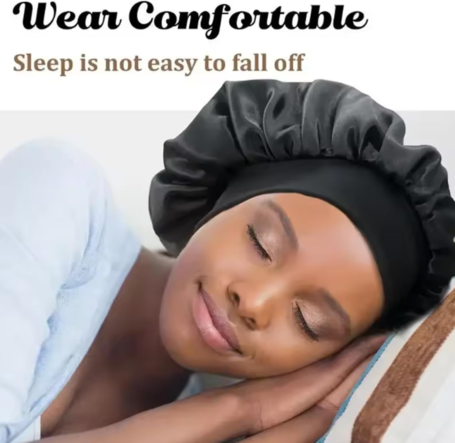 1PCS Satin Lined Sleep Bonnet for Long Hair, Black Silk Hair Bonnet Cap with Wide Band, Large Size Hair Wrap for Sleeping