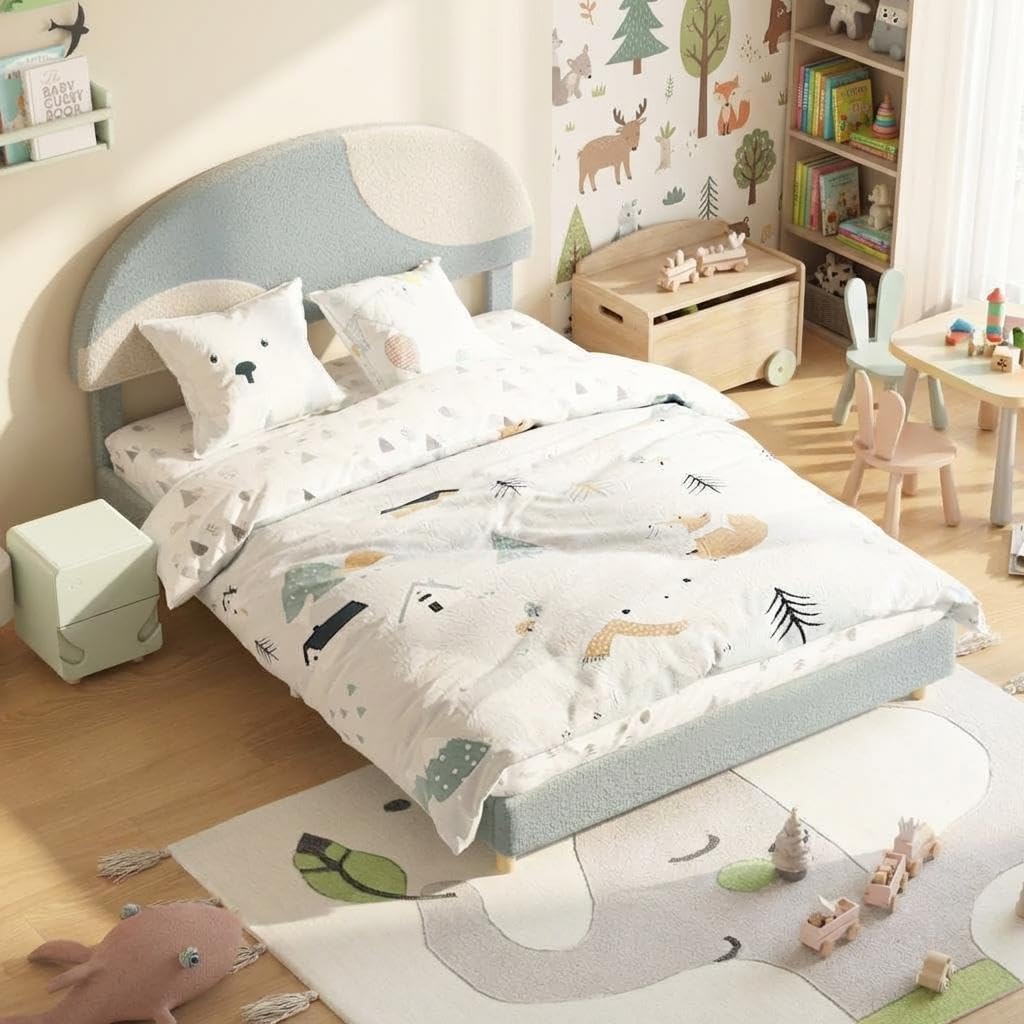 Garvee Full Bed Frame with Upholstered Round Boucle Headboard, Arch-Shaped Design in Soft Blue and White, Modern Kids Bed with Wooden Slats, No Box Spring Required and Easy Assembly