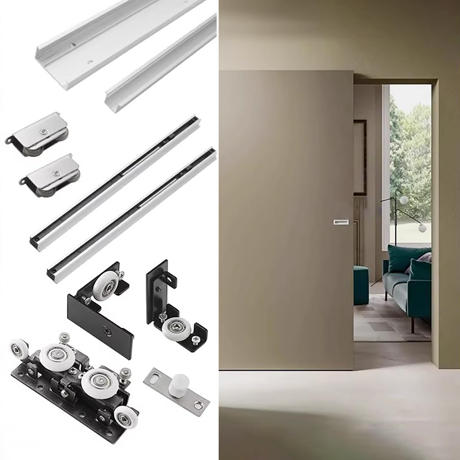 Guia Puerta Corredera Herrajes Ocultos para Puertas Corredizas de Granero con Mecanismo de Cierre Suave, Kit de Rodillos para Rieles de Puerta Corrediza Fantasma(11.4ft/346cm)