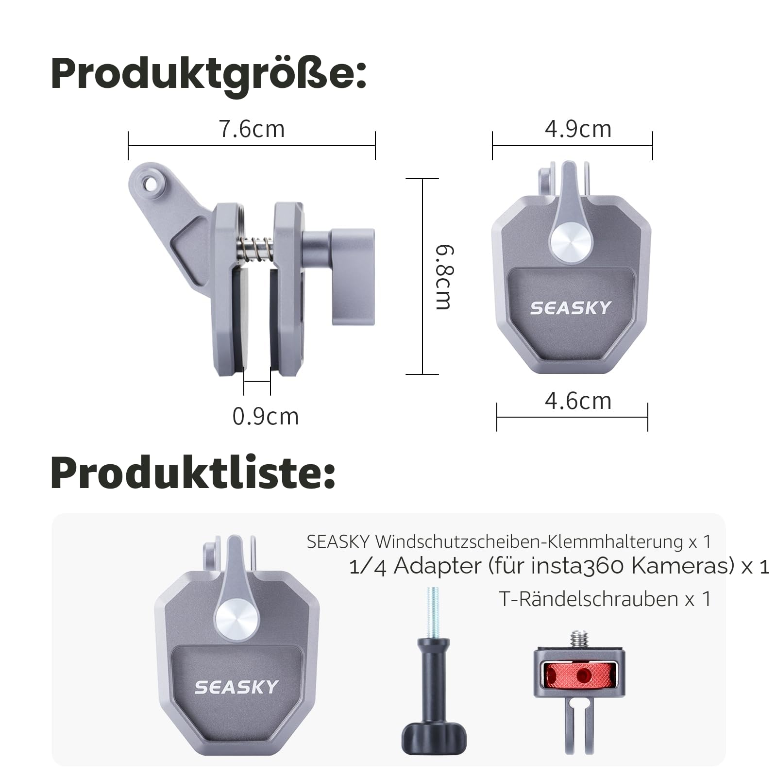 SEASKY M02 Halterung für Windschutzscheibe aus Aluminium für Motorrad, Zubehör für GoPro Hero 13 12 11 10 9 8 7 für DJI Action 5 4 3 2 für Insta360 X5 X4 X3 X2 X RS Sportkamera