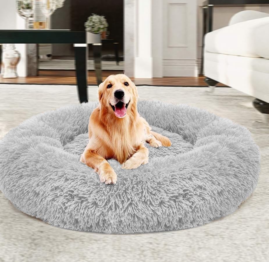 Yuly Warm Extra Large Donut Dog Bed, Calming for Large Dogs, Faux Fur Washable Pet Bed, Self-Warming Round Plush for Medium to Large Breeds (150cm Light Grey)