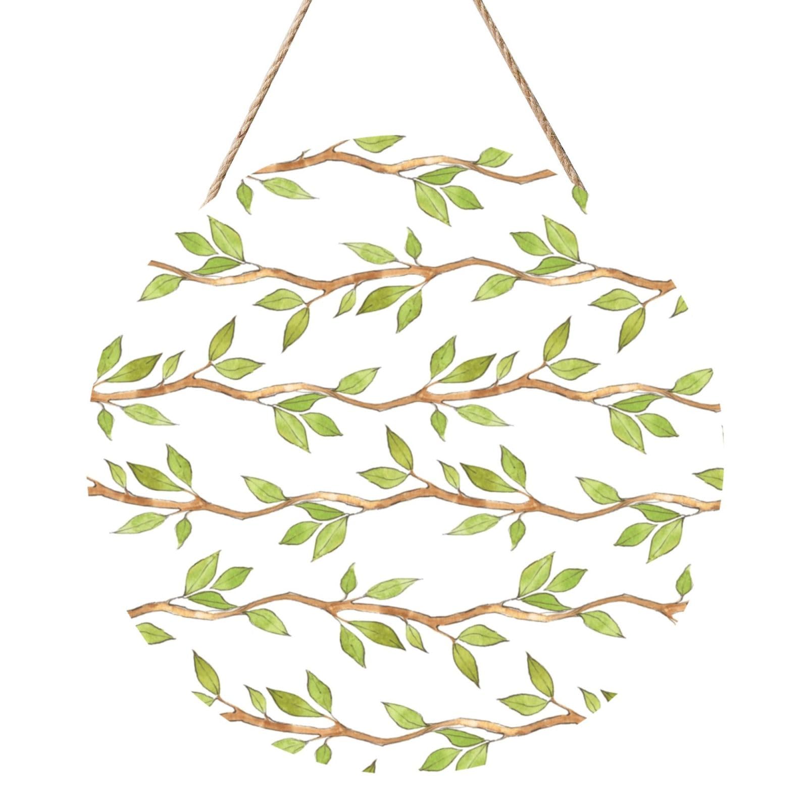 InOmak Watercolor Branches And Leaves, Round Wood Panel Painting 12 in, Wall Hanging Painting For Home