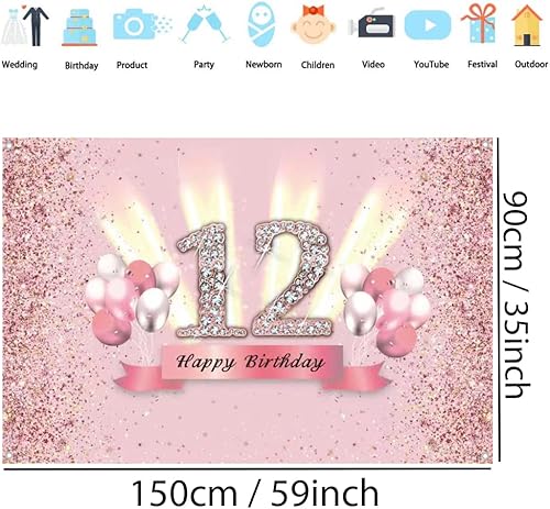 Miniatura 2 de Decoraciones de cumpleaños número 12 para niñas, feliz cumpleaños 12 y telón de fondo, cartel de tela para fiesta de 12 años de edad, aniversario,