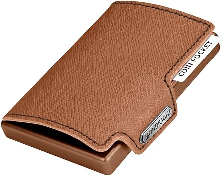 MONDRAGHI Saffiano Plus Blue - Mini Wallet for Women with RFID Protection - Saffiano Leather Scratch Resistant - Integrated Wallet - 9 Cards - Blue Peach coloured leather - bronze shell - neutral