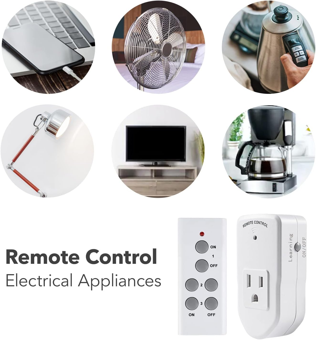 BN-LINK Wireless Remote Control Electrical Outlet Switch for Lights, Fans, Christmas Lights, Small Appliance, Long Range White (Learning Code, 3Rx-1Tx) 1200W/10A