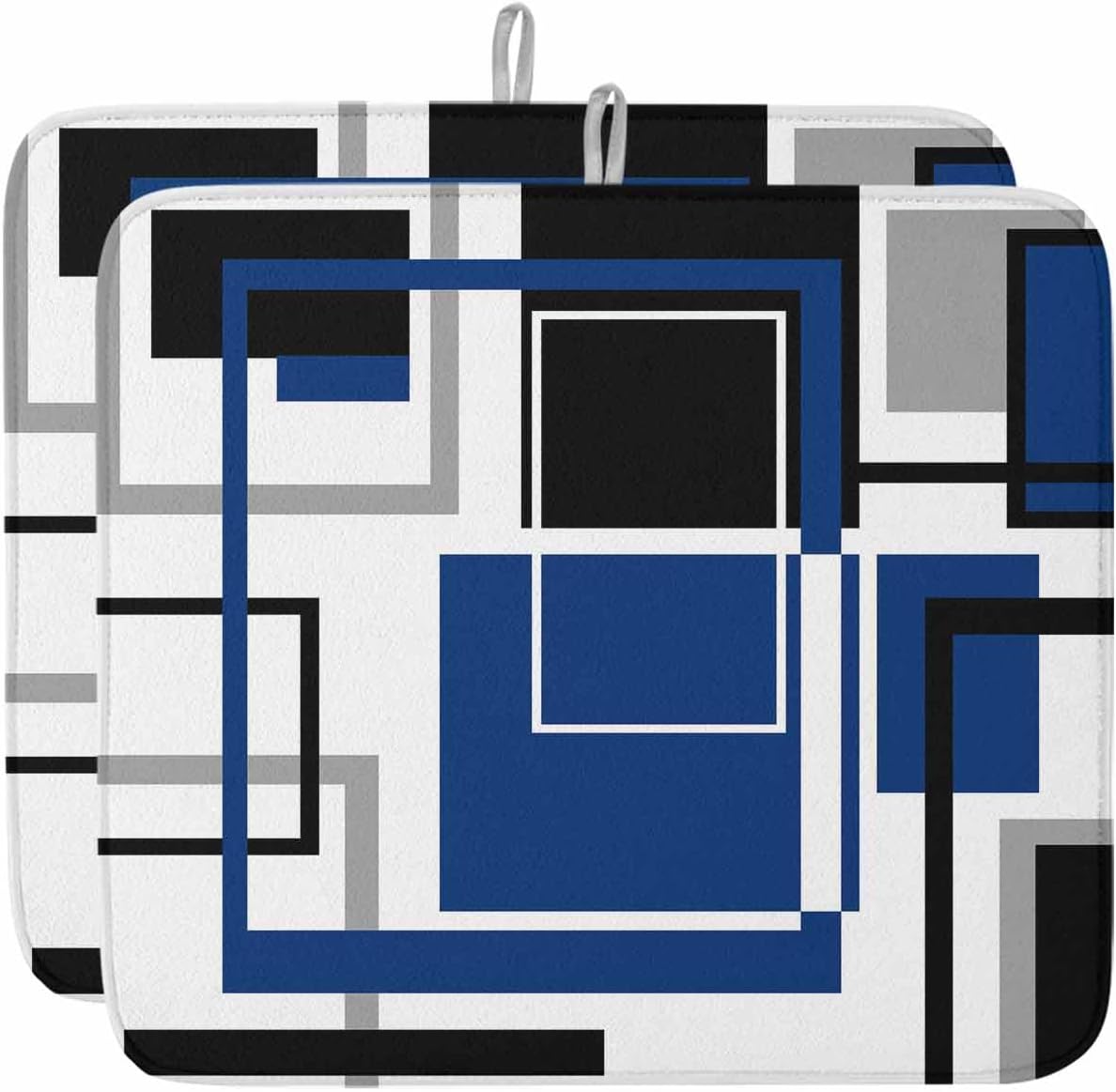 Blue Black Drying Mats for Kitchen Counter 2 Pcs, Abstract Geometric Microfiber Absorbent Dish Drainer/Rack Mat,Reversible Hangding Quick Drying kitchen Decor,16x18 Machine Washable