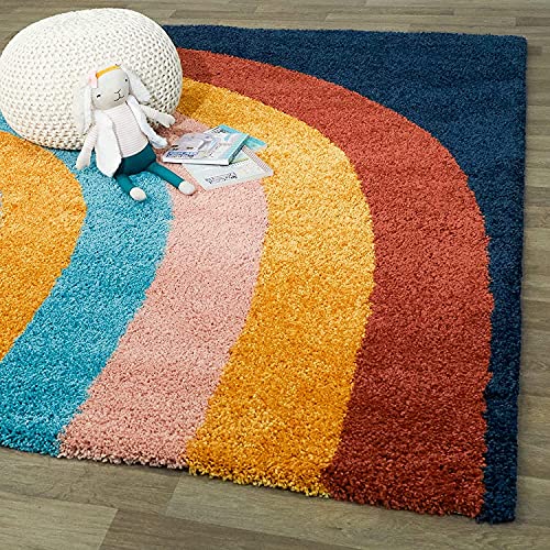Image of Modern Handwoven Shaggy Area Rectangular Rug & Carpet For Bedroom, Living Room, 6X9 Feet, Navyblue /Mustard /Turquoise