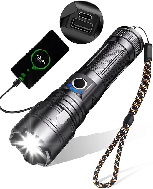 Maxesla Type C LED Torch Rechargeable 8000LM Gifts for Men Dad Kids, 3000mAh Battery Torches LED Super Bright, IPX5 Waterproof Rechargeable Torch 5 Modes Adjustable Focus, Camping Torch with USB Port