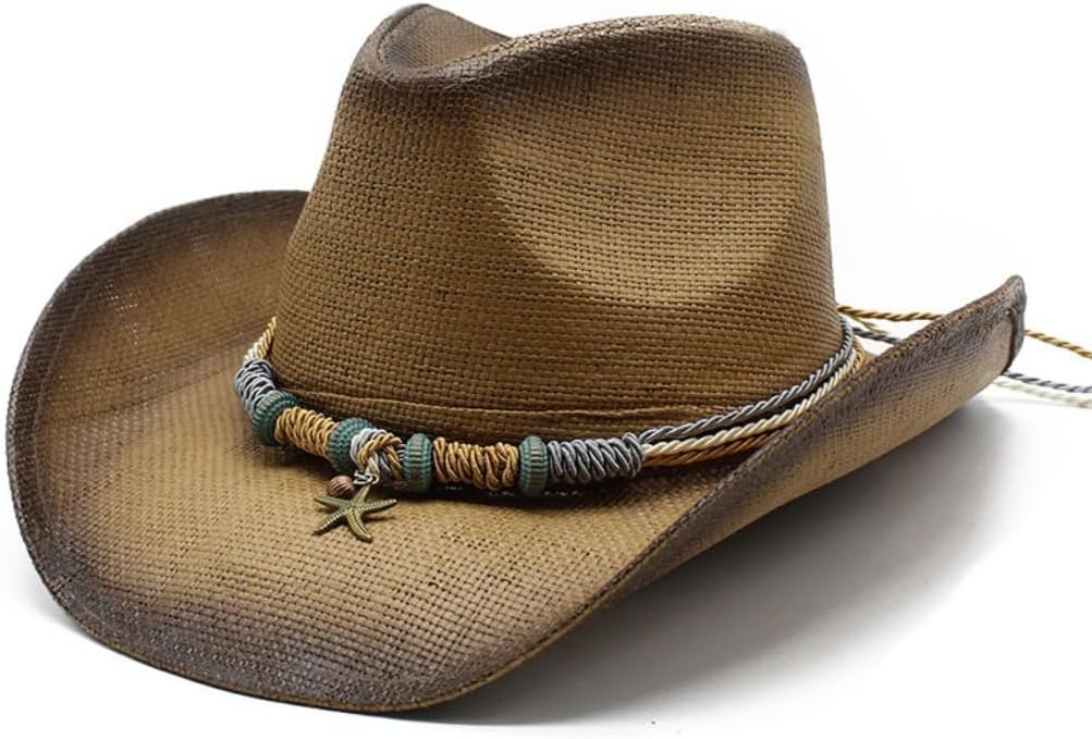 Western Cowboy Hat with Decorative Rope Band, Gray Straw, Cross Charm