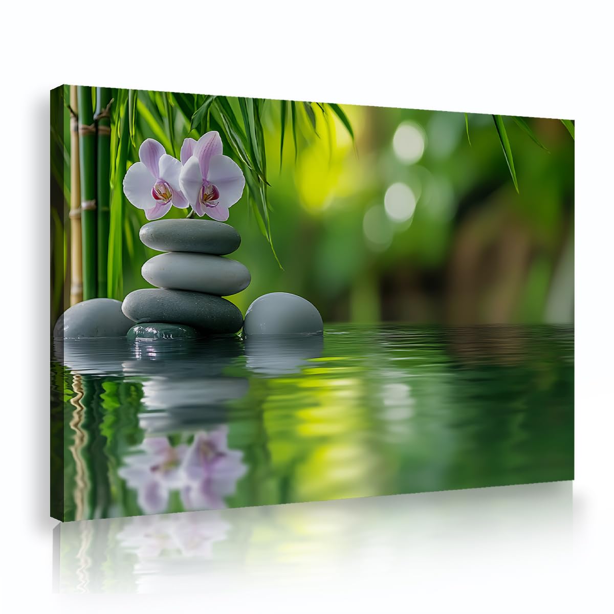 Via Vela Zen Framed Wall Art for Bathroom, Green Bamboo Canvas Print, Orchid Flowers Stacked Stones, Spa Yoga Meditation Room Pictures, Home Wall Decor 70x105cm