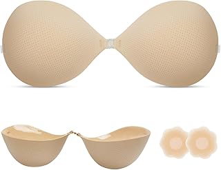 Super Thick Backless Strapless Bra for Push Up, Adhesive Padded Invisible Sticky Bra for Women and Wedding Dress - A Cups Beige