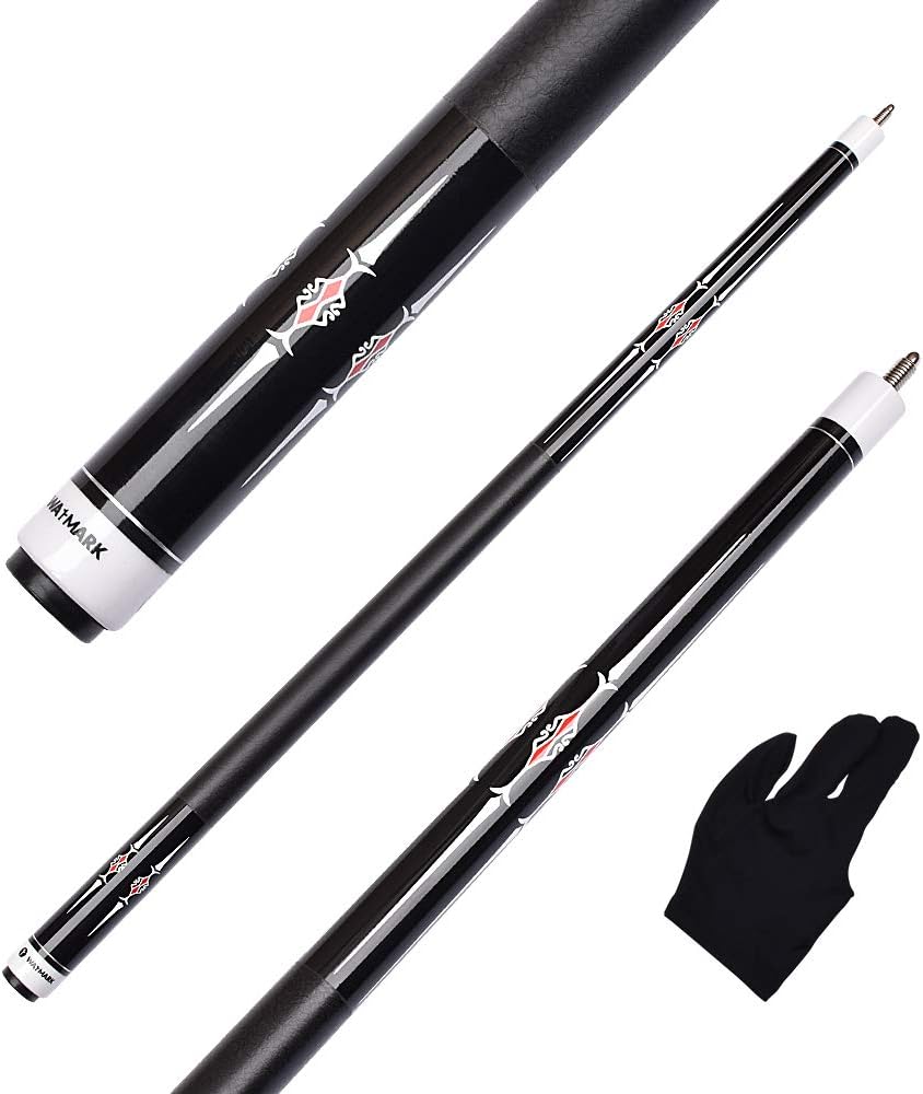 WAYMARK 1/2 PCS 58 inches Black Warp with PU Grip Billiard Maple Shaft Pool Cue Stick (White Curl)