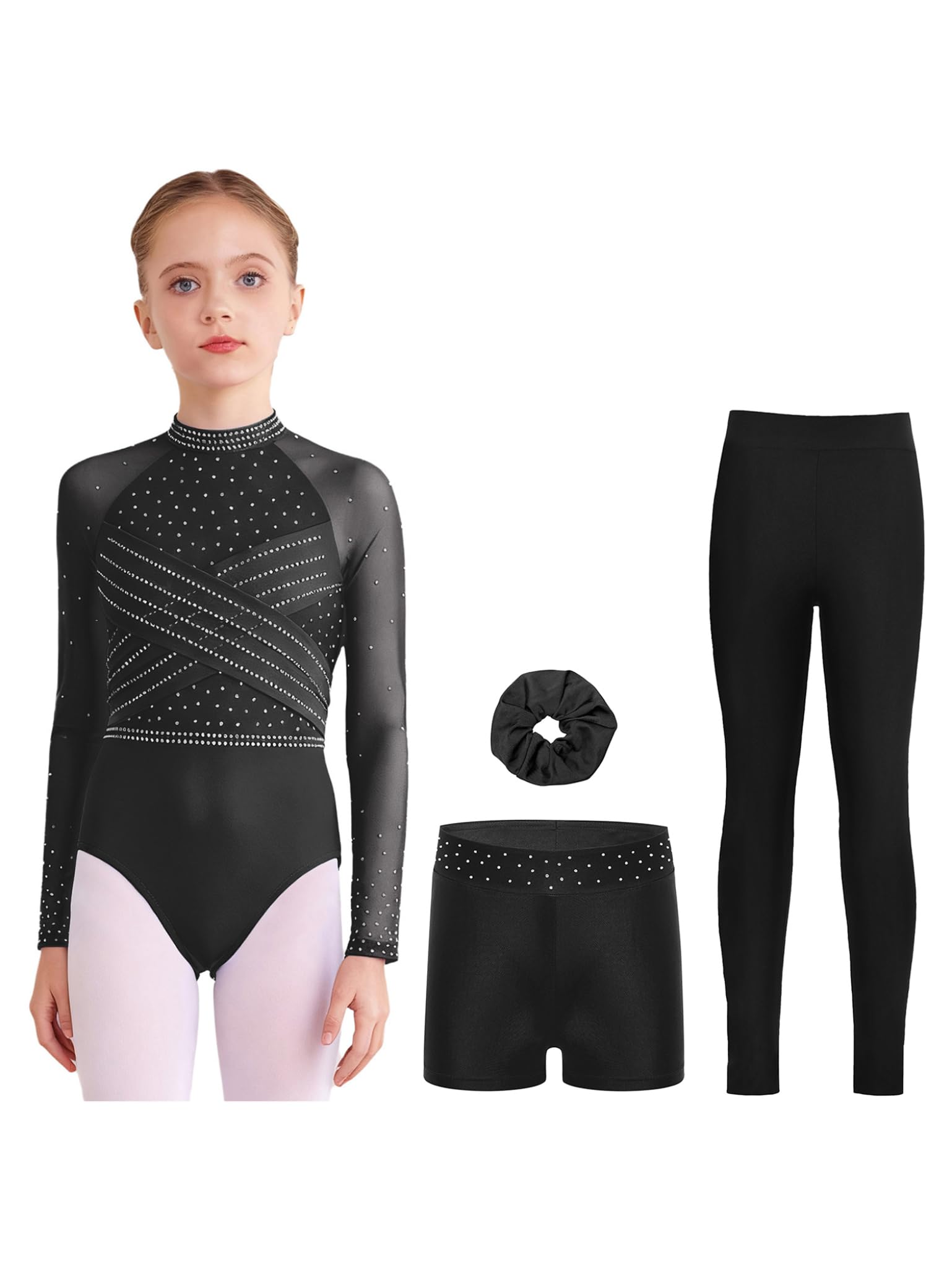 Mädchen Turnanzug Langarm Gymnastikanzug Glitzer Eiskunstlauf Body Overall mit Hose Shorts Haarband Trikotanzug Eislaufen Tanzkostüm