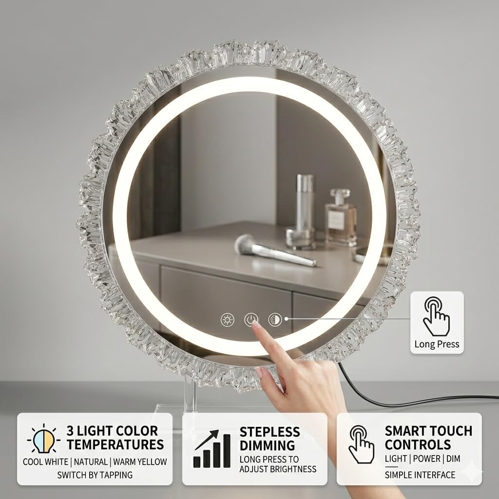16" Hollywood Round Vanity Mirror with Lights, 3-Color LED Light Modes, Dimmable Makeup Mirror with Smart Tap Panel, 360° Rotating Lighted Mirror for Dressing Table