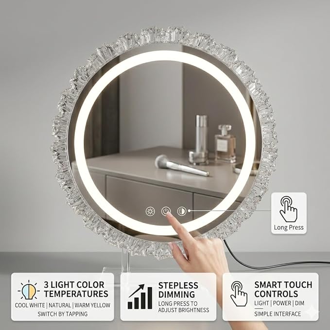 Espejo de maquillaje redondo con luz LED 16" regulable miniatura 3