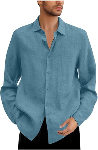 Mens Long Sleeve Shirt Work Casual Cotton Linen Button Up Dress Shirts Regular Fit Lapel Clothes in Big and Tall