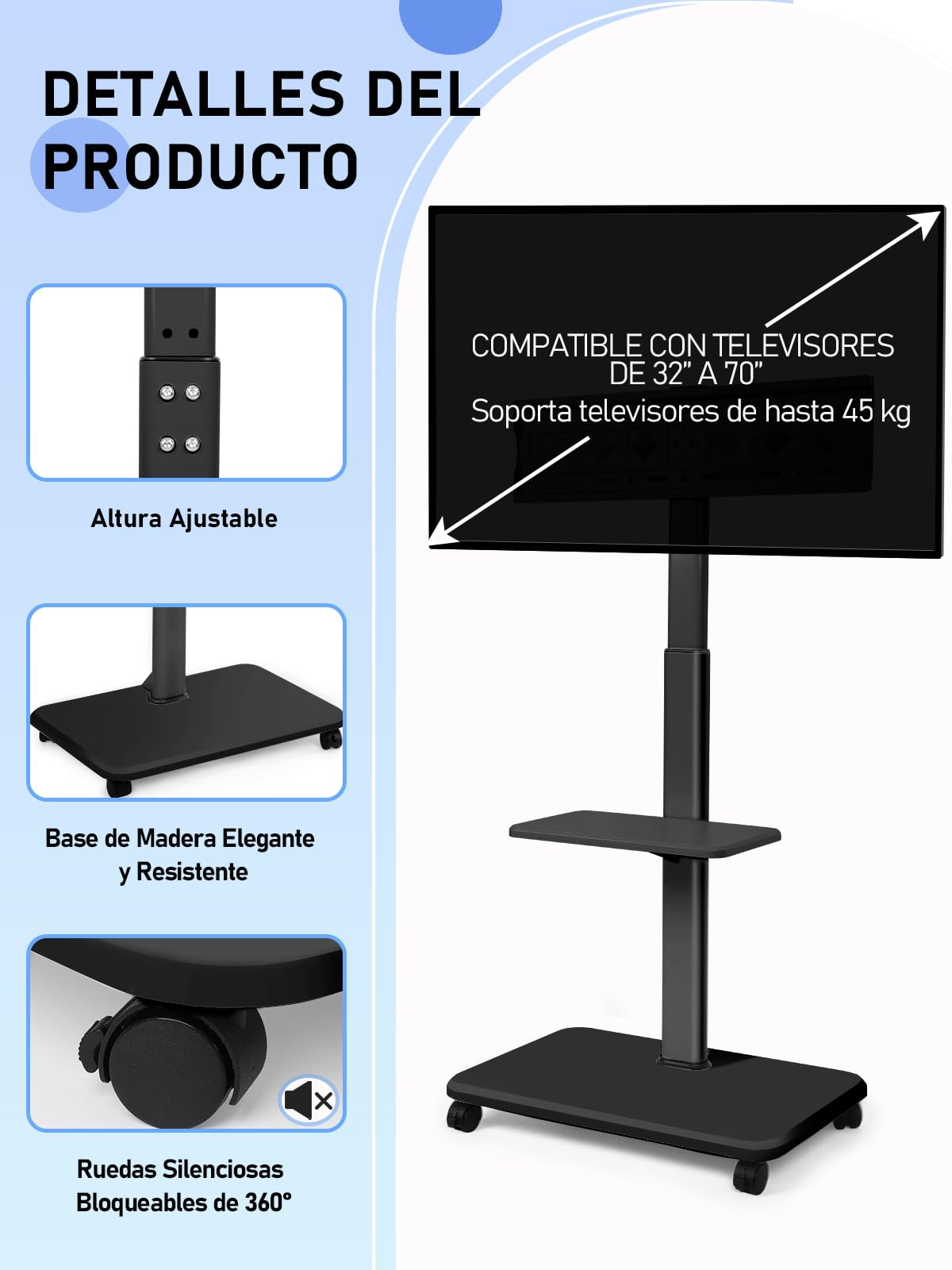 Soporte para TV móvil de 32 a 70 Pulgadas, Pantalla Plana LED/LCD/OLED, Ajustable en Altura, Soporte para TV portátil con Ruedas hasta 100 kg, para Dormitorio y Exteriores