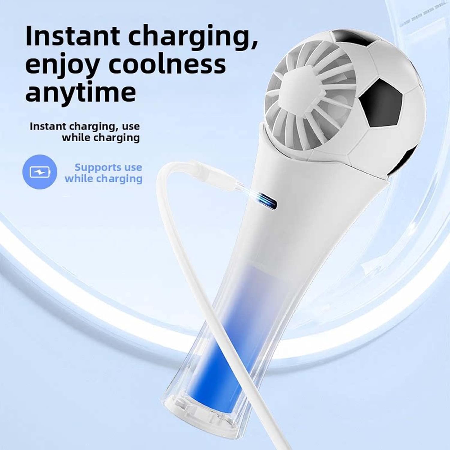 Portable Mini Soccer Fan, USB-Rechargeable, 3-Speed Noise-Reducing Fan, Ideal for Outdoor Activities, Sports Events, and the Office 2