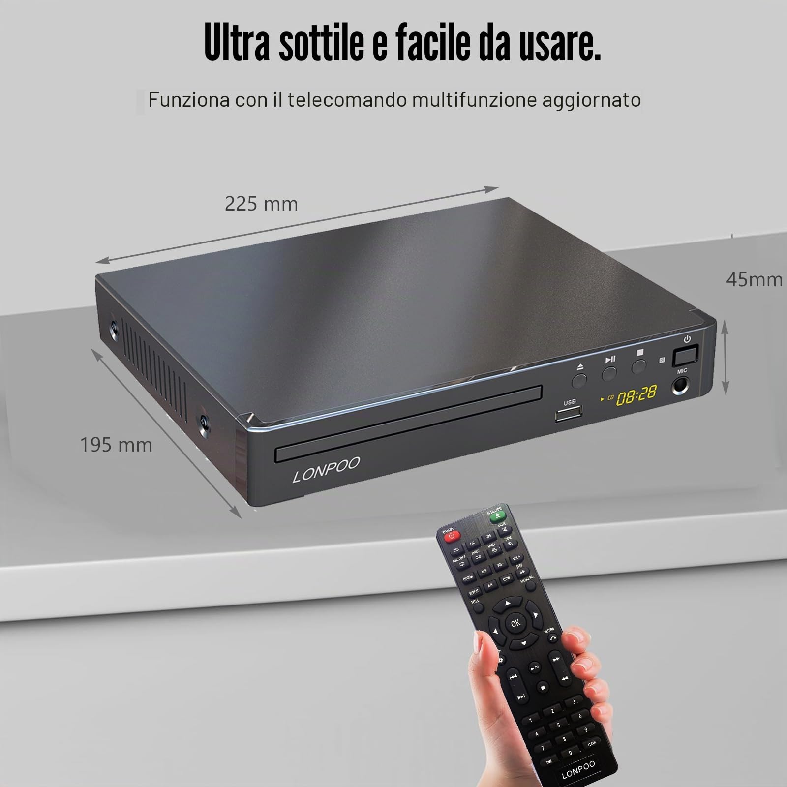 Lettore DVD compatto per TV (1080P Upscaling con uscita HDMI/Coxical/AV, porta ingresso USB e MIC, Multi-Regione Libera, cavo HDMI e AV incluso) (LP-099)