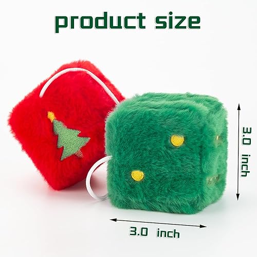 Miniatura 2 de Dados peludos de Navidad para espejo retrovisor, diseño bordado de Papá Noel y árbol, decoraciones colgantes, adornos de dados de felpa rojos y