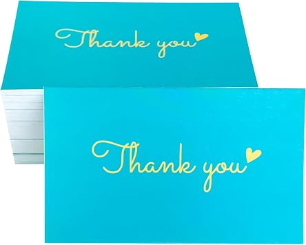 RXBC2011 100 Little Thank You Cards Gold Heart Design Bulk Thank you Notes for All Occasions 3.5 x 2 Inch Aqua color