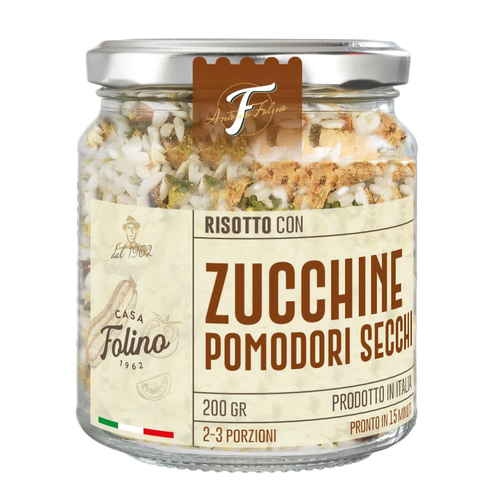 CasaFolino Risotto listo calabacín y tomates secos, 200 g, platos preparados para arroz carnaroli sin gluten sin lactosa (200 g, Calabacines y tomates secos)