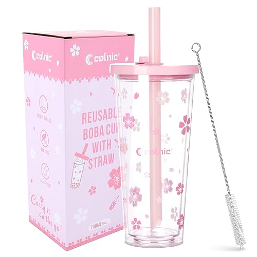 Colnic Reusable Plastic Boba Cup With Lids And Straws, 24Oz/700ml Smoothie Cups, Iced Coffee Cup, Leakproof Kawaii Cup, Boba Tumbler With Boba Reusable Straw,Double Wall Clear Bubble Tea Cup - Pink